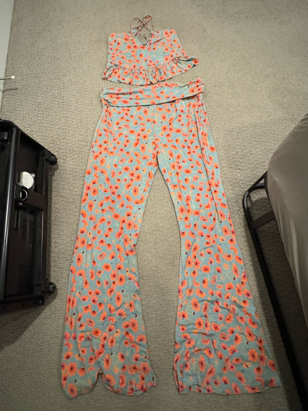 Free People Mint and Coral Floral Wide-Leg Jumpsuit